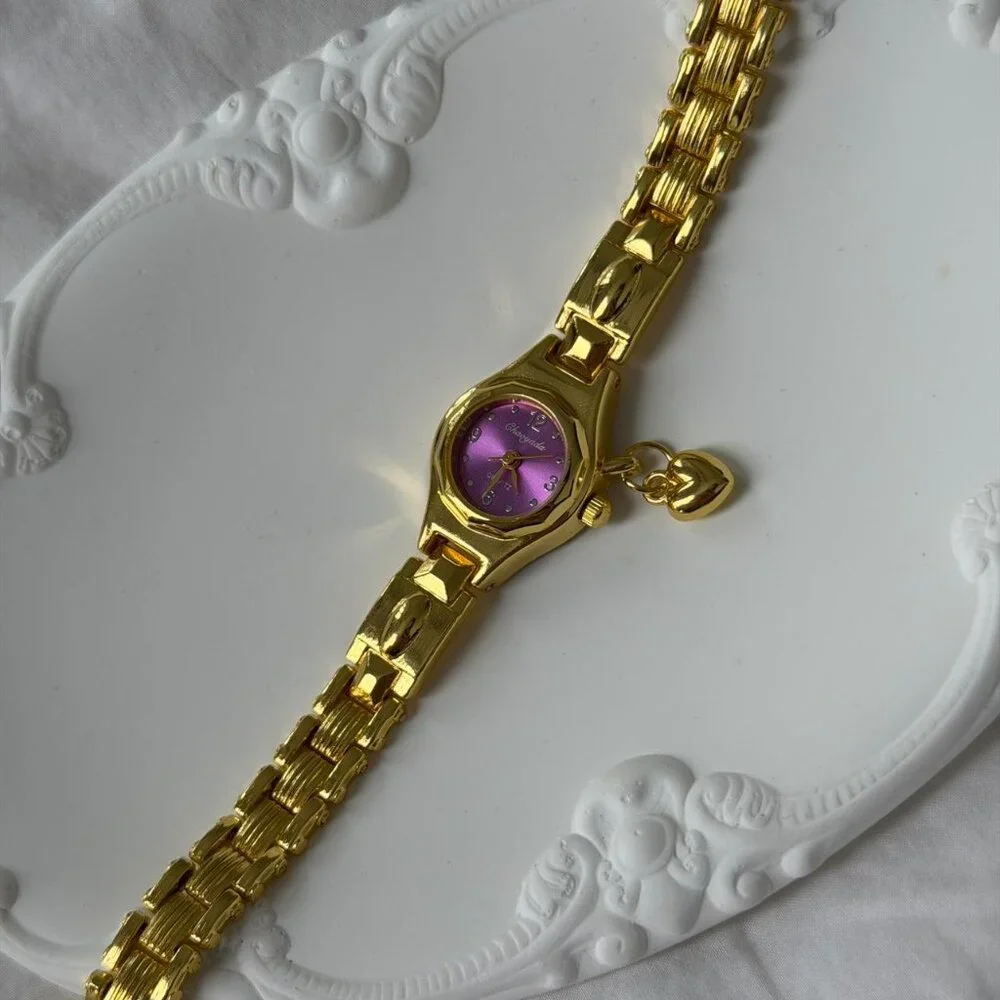 Sku:0480 vintage vibe Gold/Purple Mini watch‎ pendant Stainless steel+gift bag